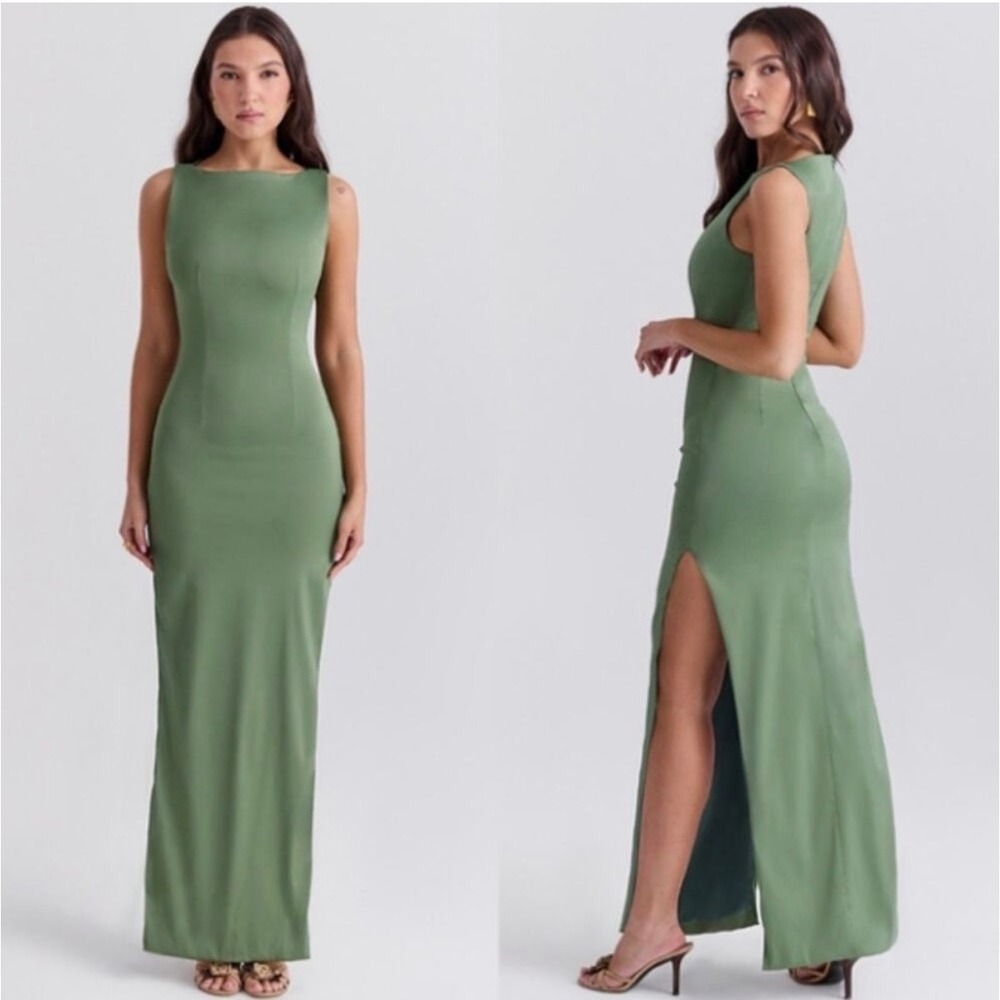 House of CB Filomena Side Slit Maxi Dress Dill Green Sleeveless Matte - XSmall